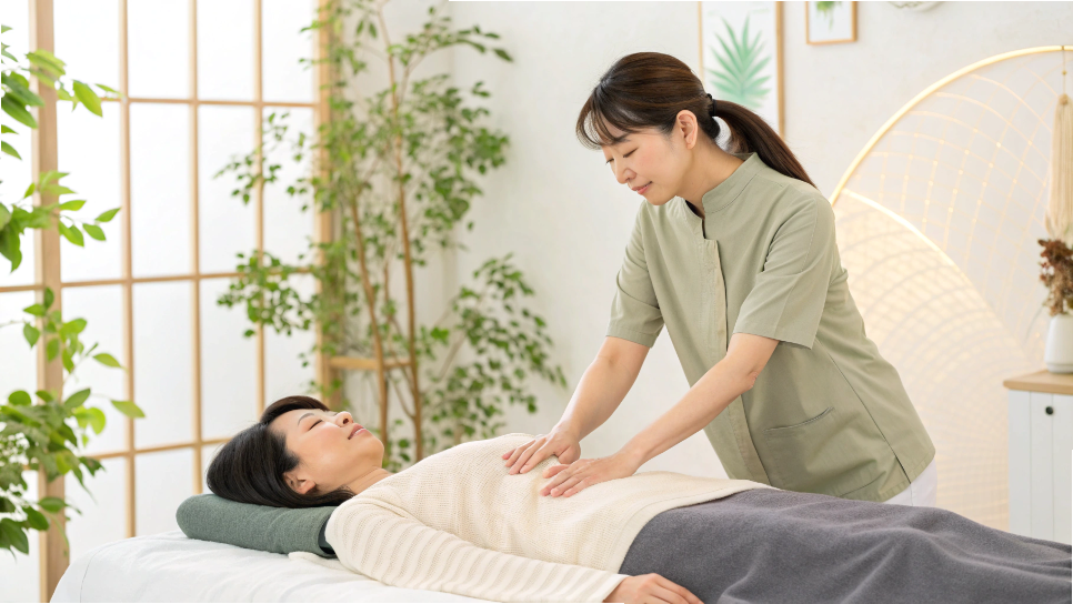 腸もみでお腹を優しくケアしている様子