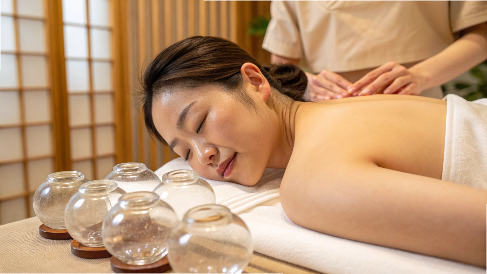 背中に吸玉を施して血流を促している様子