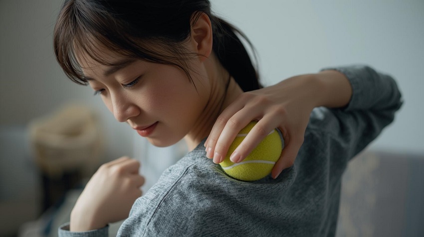 テニスボールを使って肩甲骨まわりをセルフ筋膜リリースする女性