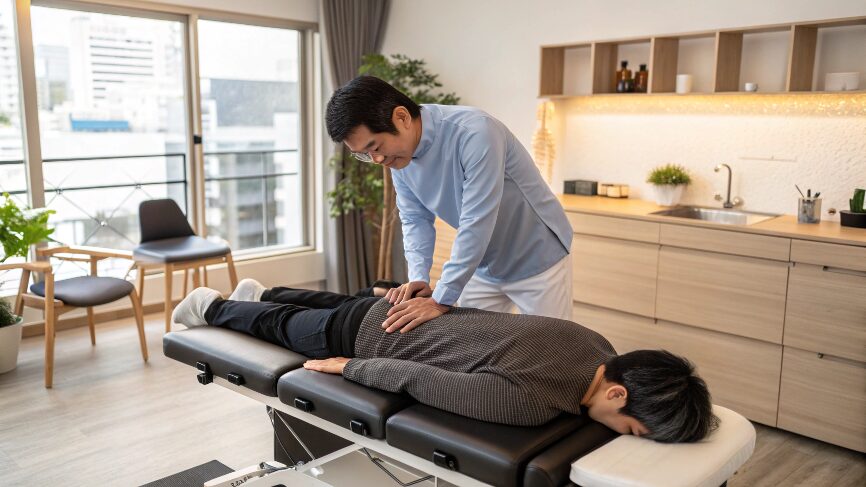 基礎代謝を上げてダイエット成功へ!整体師が教える体質改善のポイント 16 整体師が背骨を調整している施術風景