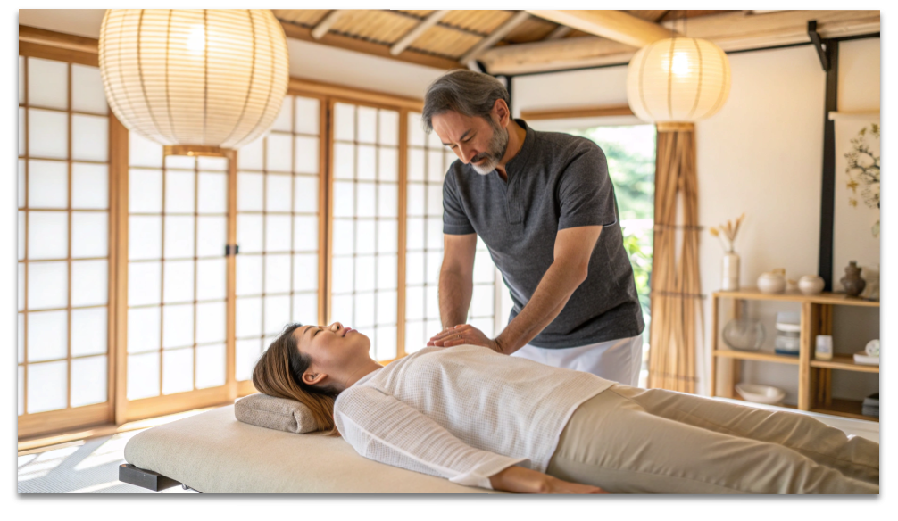 整体師が女性に優しく施術を行う様子。体の巡りを整えるデトックスケアのイメージ。