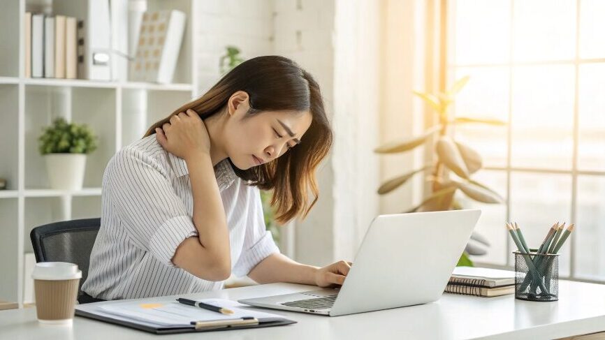 デスクワーク女性と肩こり 「PC作業で肩を押さえてつらそうにしている女性」