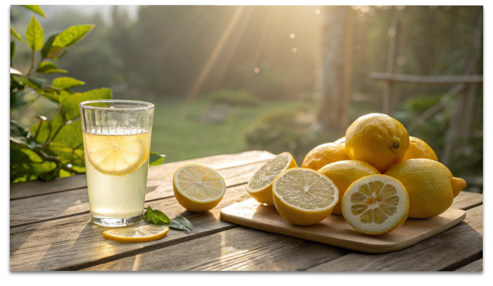 レモンと白湯の写真。朝の光に包まれたテーブルの上で、デトックスを象徴する明るい雰囲気。