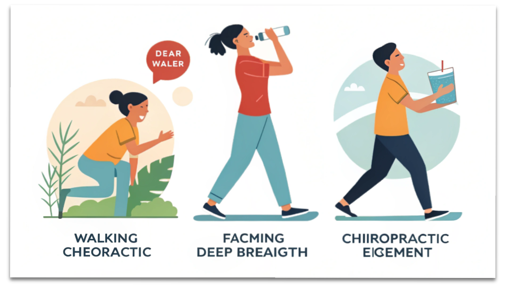 水分補給・運動・深呼吸・整体で体の巡りを整える、デトックス習慣のイメージイラスト。