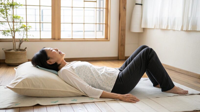 ぎっくり腰になったらどうする?正しい対処法と再発を防ぐ予防法 17 仰向けで膝下にクッションを入れて腰の反りを減らす姿勢(腰の負担軽減)