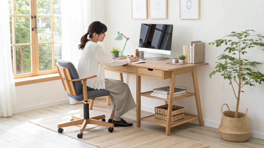ぎっくり腰になったらどうする?正しい対処法と再発を防ぐ予防法 20 骨盤を立て背もたれを活用し、モニターを目線の高さに合わせたデスクワーク姿勢