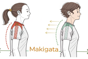 横から見た姿勢の悪い女性（肩が前に出て猫背気味）