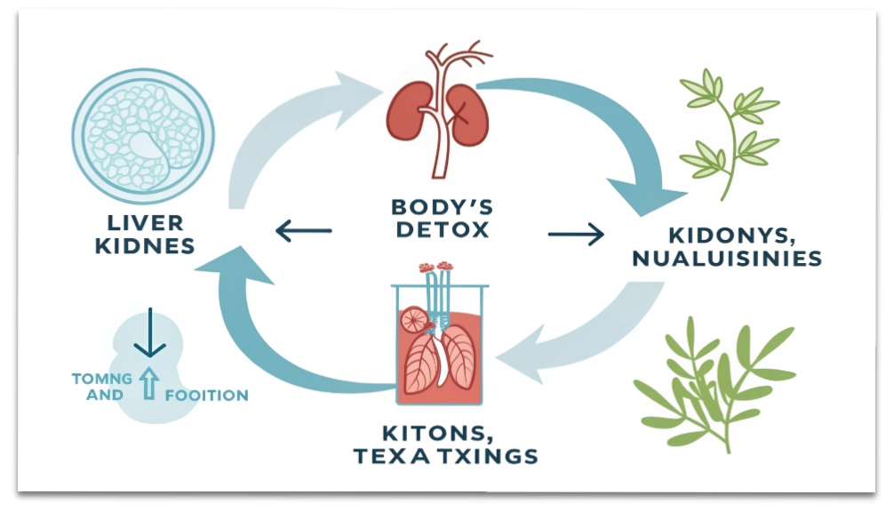 肝臓・腎臓・腸が連携して体内の老廃物を排出するデトックスの流れを示すイラスト。