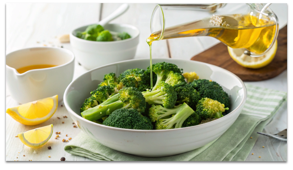 蒸したブロッコリーの写真。オリーブオイルがかかったデトックス効果のある健康的な食事。