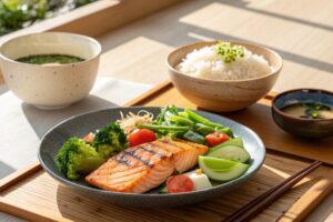 自律神経を整える食事例（魚、野菜、発酵食品を含む和食の献立）
