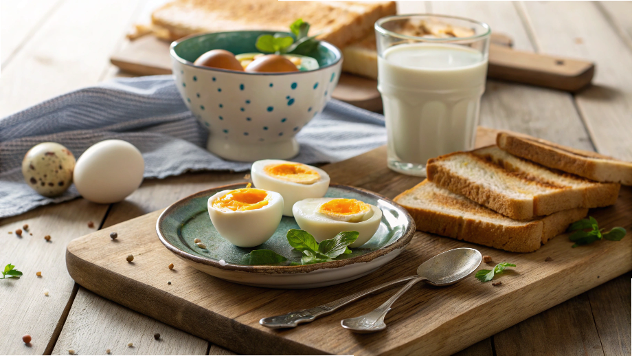 疲労回復に効果あり!疲れた体に必要な食べ物4選 15 疲労回復に役立つ完全栄養食としての卵と朝食のイメージ。