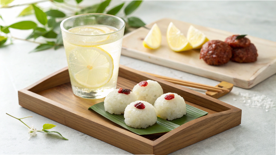 疲労回復に効果あり!疲れた体に必要な食べ物4選 13 クエン酸を多く含むレモンウォーターと梅干しおにぎりで疲労を軽減するイメージ。