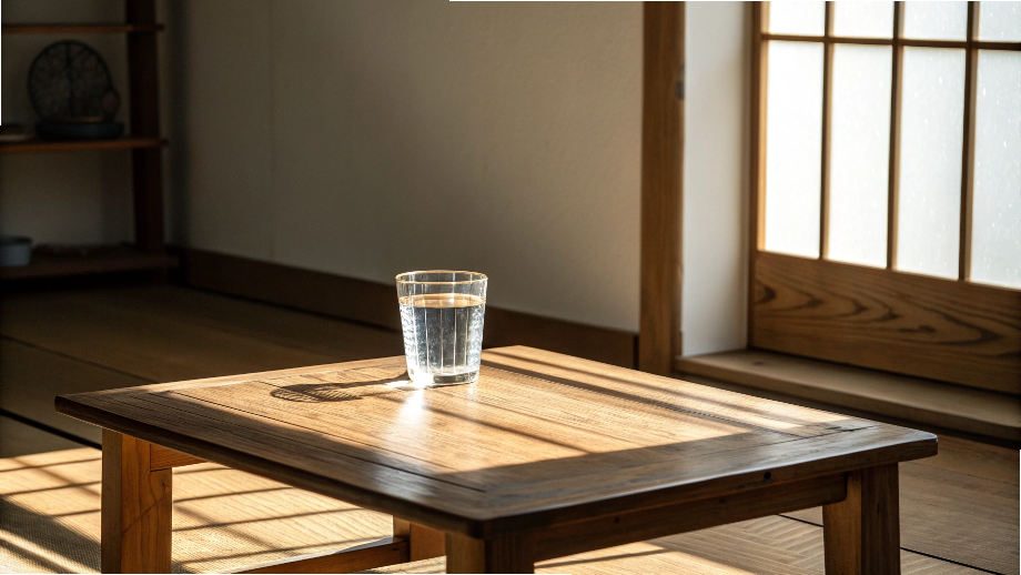 便秘解消効果が期待できる食べ物とポイント! 19 朝日を浴びたテーブルに置かれた白湯のコップ