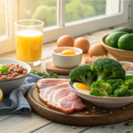 疲労回復に効果のある食べ物（豚肉・レモン・ブロッコリー・卵）が並ぶ健康的な朝食のイメージ。