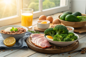 疲労回復に効果のある食べ物（豚肉・レモン・ブロッコリー・卵）が並ぶ健康的な朝食のイメージ。