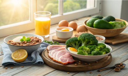 疲労回復に効果のある食べ物（豚肉・レモン・ブロッコリー・卵）が並ぶ健康的な朝食のイメージ。