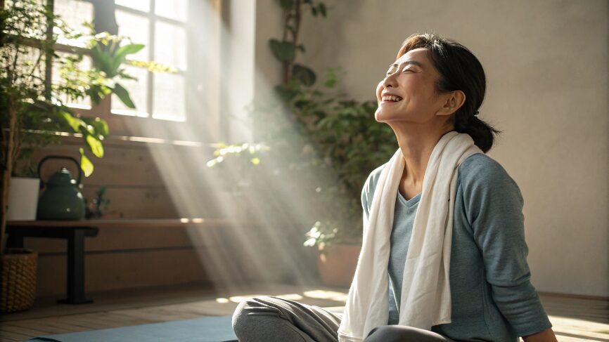 呼吸とストレッチ習慣で心身が整い笑顔になる女性のイメージ
