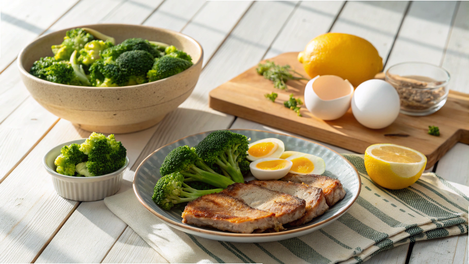疲労回復に効果あり!疲れた体に必要な食べ物4選 17 疲労回復に効果のある4つの食材(豚肉・レモン・ブロッコリー・卵)が並ぶ健康的な食卓のイメージ。
