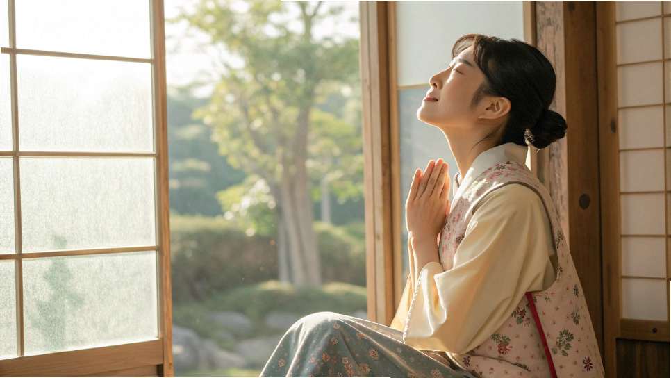 深呼吸でリラックスする女性（自然光の中で穏やかな表情）