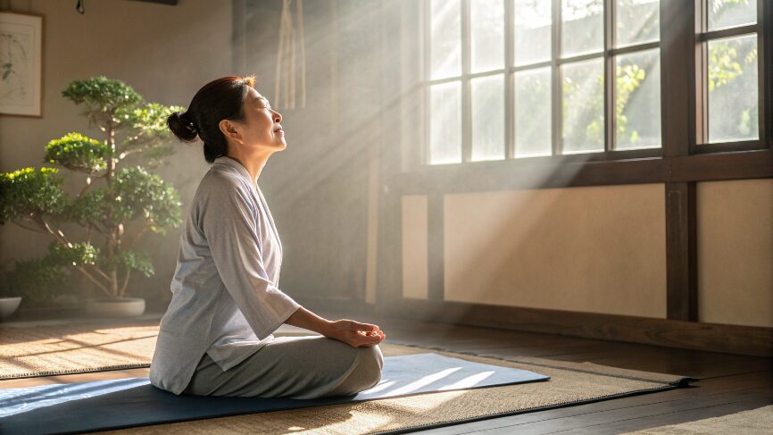呼吸とストレッチで自律神経を整える女性のイメージ