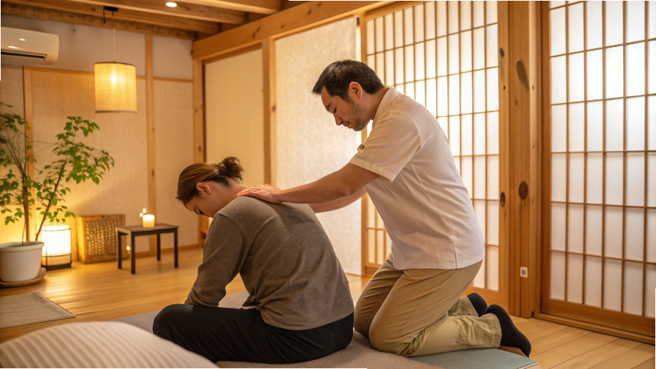 疲労回復に効果あり!疲れた体に必要な食べ物4選 16 血流と自律神経を整える整体施術の様子。