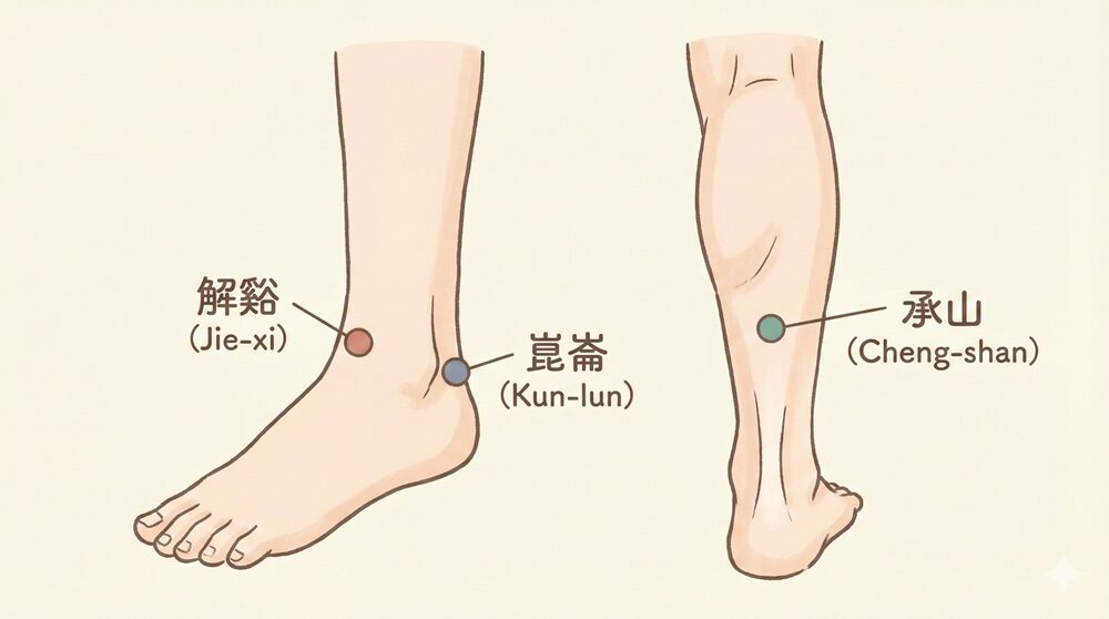 足の冷え・むくみを根本解消!一生使える 最強のツボ図鑑 と巡りを良くする生活の知恵 11 足首の前面(解谿)、外くるぶし後ろ(崑崙)、ふくらはぎ(承山)のツボの位置を正確に示した分かりやすいイラスト図