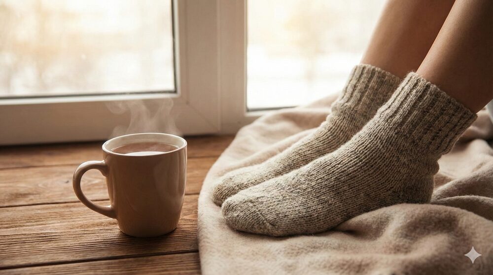 足の冷え・むくみを根本解消!一生使える 最強のツボ図鑑 と巡りを良くする生活の知恵 8 温かいニットの靴下を履いてリラックスしている女性の足元と、湯気の立つマグカップ