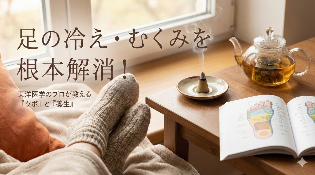 足の冷え・むくみ解消をテーマにしたアイキャッチ画像。温かい靴下を履いた足元、ハーブティー、お灸、ツボの解説本が並ぶリラックスした風景に「足の冷え・むくみを根本解消！」