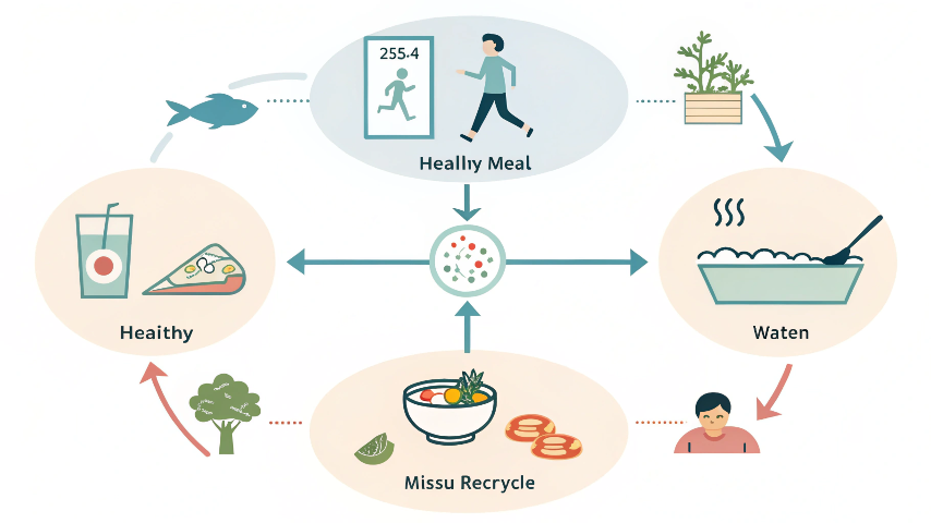 自律神経を整えるライフサイクル図解（食事→運動→入浴→呼吸→睡眠の流れ）