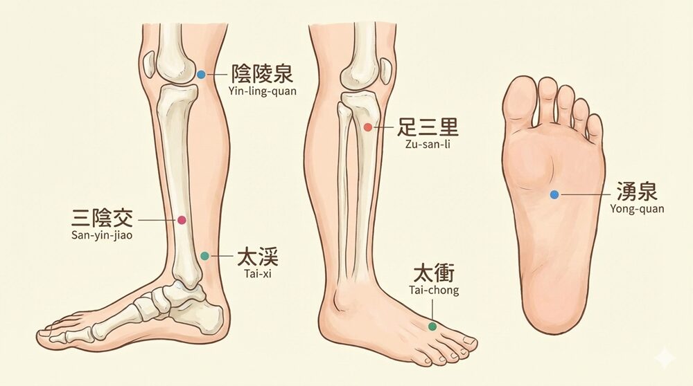 足の冷え・むくみを根本解消!一生使える 最強のツボ図鑑 と巡りを良くする生活の知恵 10 足の冷え・むくみに効く6つの代表的なツボ(三陰交・湧泉・太衝・足三里・陰陵泉・太渓)を、内側・外側・足裏の視点から正確に示したイラスト図