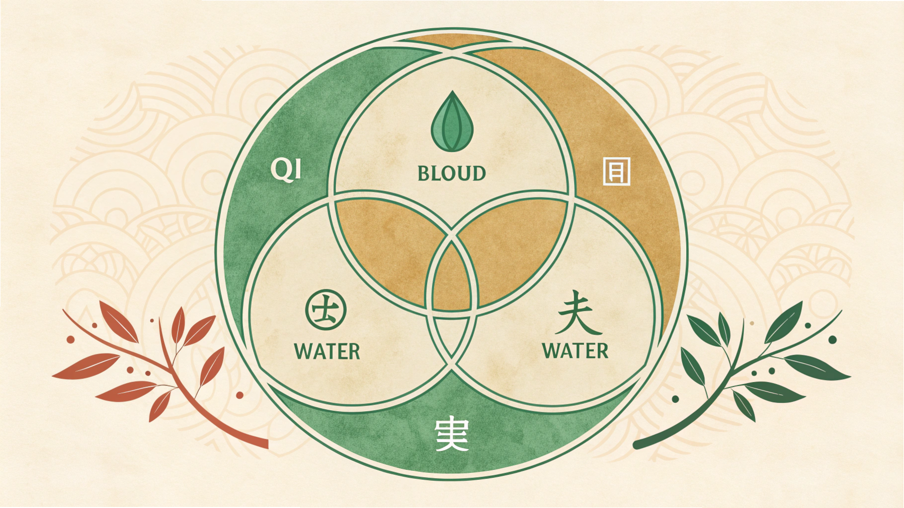 東洋医学でみる便秘|気・血・水の乱れと整体での整え方 12 「気・血・水」の巡りを円環で表したキービジュアル