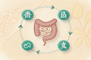 腸のシルエットと“気・血・水”の関係を示すシンプルな図解