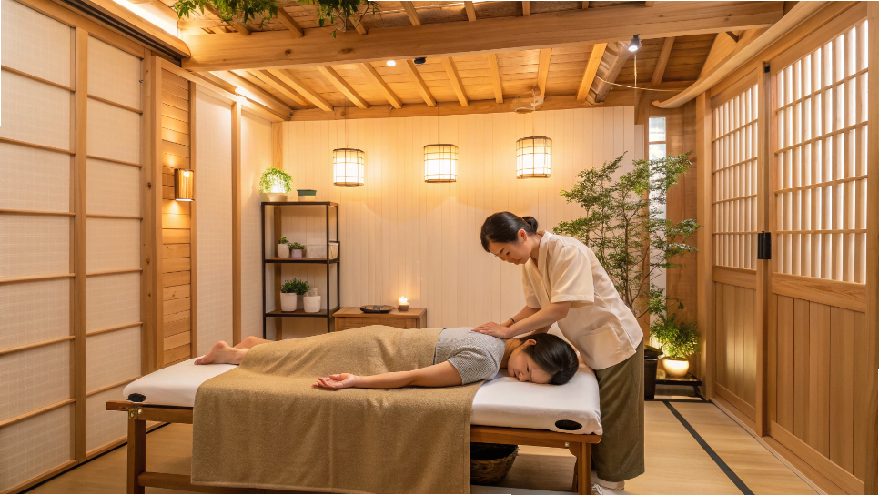 整体院で吸玉施術を受ける女性。背中の血流を促している様子。