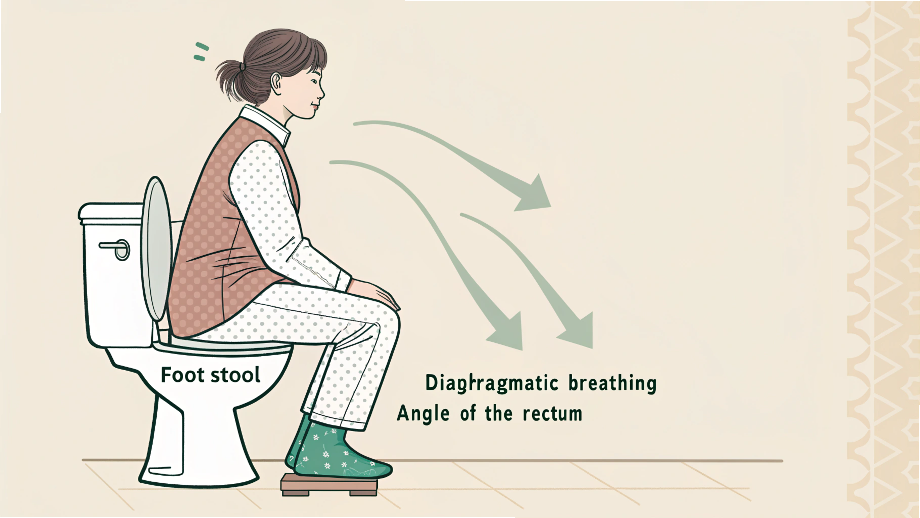 「トイレで足台を使い腹式呼吸を行う排便補助の姿勢図