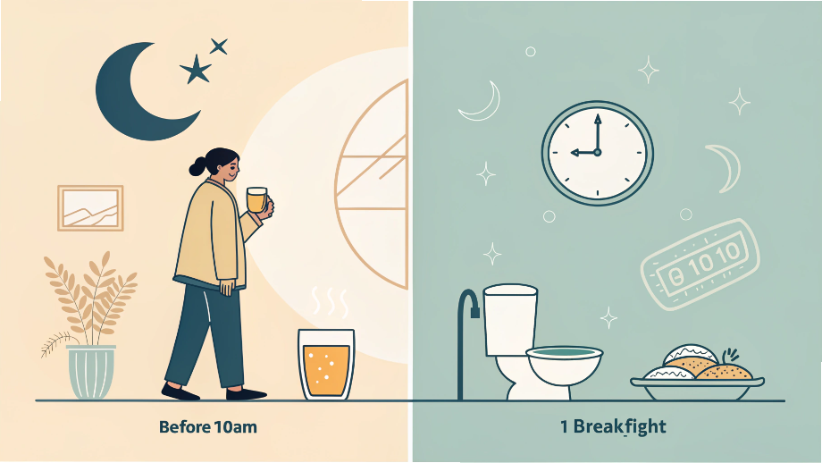 「23時前の就寝と朝の白湯・朝食・トイレ習慣を示した腸活ルーティン図