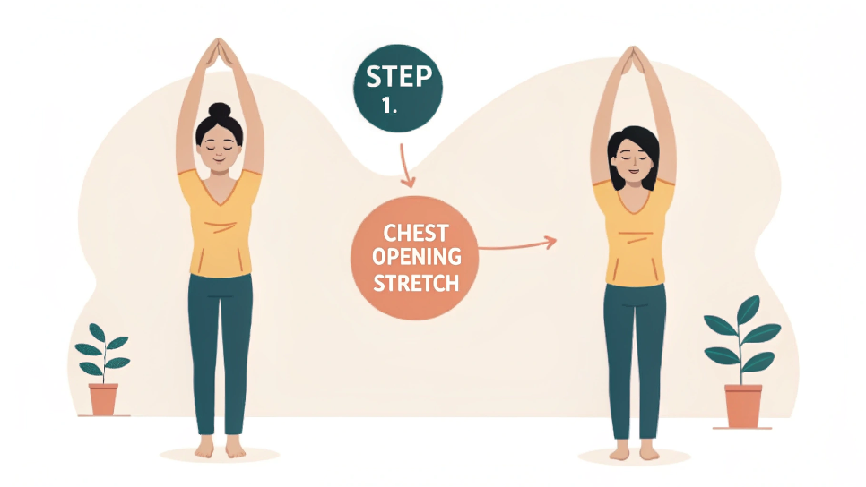 呼吸ストレッチの手順を示す図（胸を開いて深呼吸する姿勢）