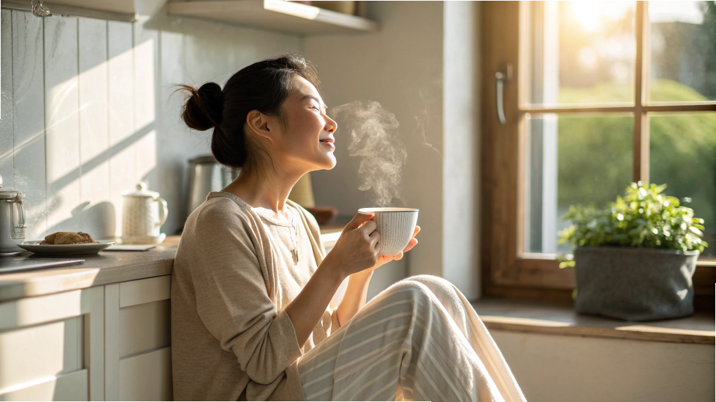 白湯を飲みながらリラックスする女性