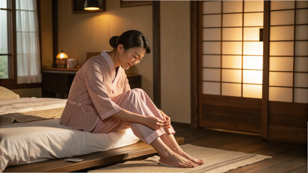 自宅で足をマッサージしている女性