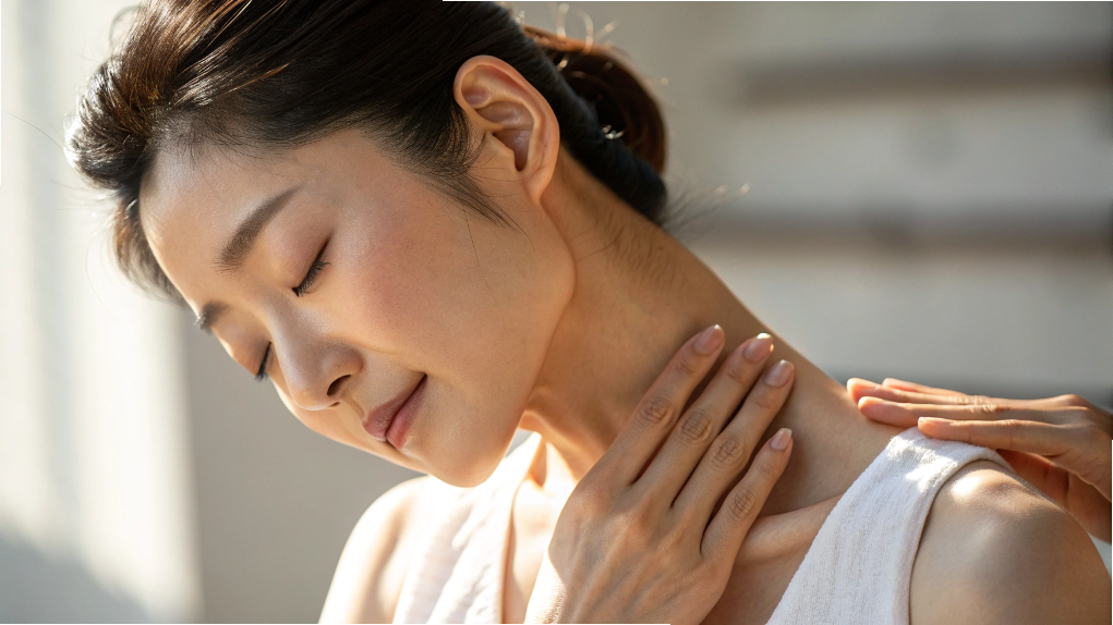 鎖骨や首のリンパを流す女性