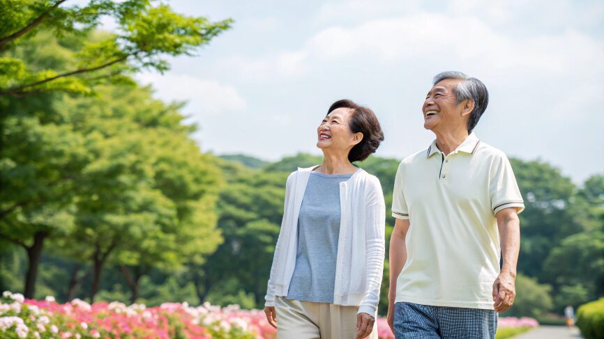 腰痛予防のためにウォーキングを楽しむ中高年夫婦