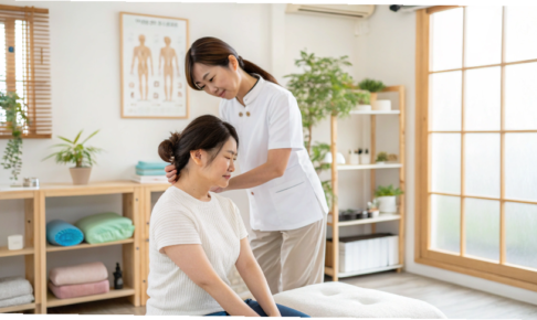 肩こり・腰痛に悩む人が整体を受けているシーン