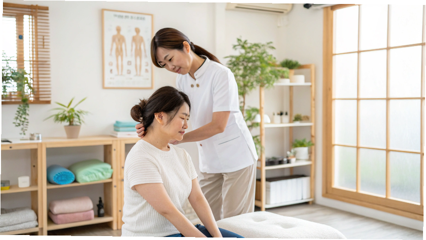 肩こり・腰痛に悩む人が整体を受けているシーン