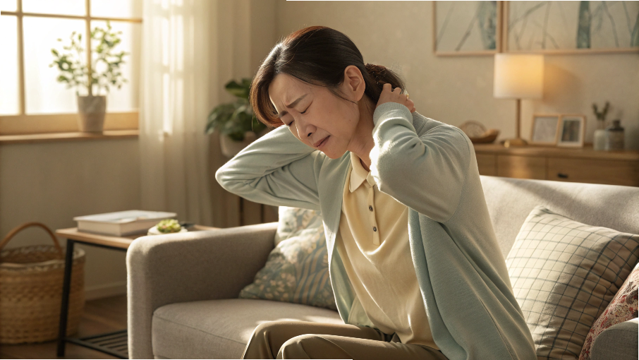 急に寒くなってきた今こそ注意!冷えと血流低下を防ぐ〈整体×吸い玉〉の力 18 肩や腰のこりを感じ、疲れた表情でマッサージする女性の様子(冷えや血流の滞りをイメージ)