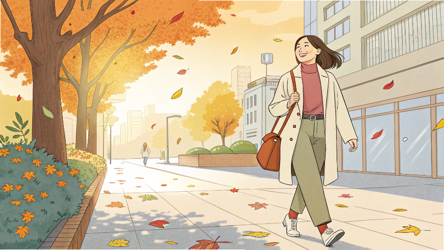 急に寒くなってきた今こそ注意!冷えと血流低下を防ぐ〈整体×吸い玉〉の力 23 施術後に体が軽くなり、笑顔で八王子の街を歩く女性