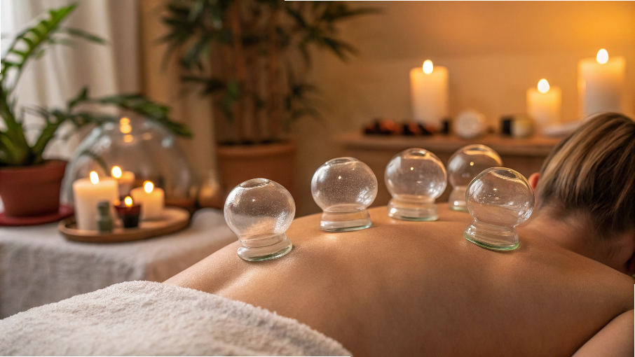 急に寒くなってきた今こそ注意!冷えと血流低下を防ぐ〈整体×吸い玉〉の力 20 背中に吸玉(カッピング)を施している様子