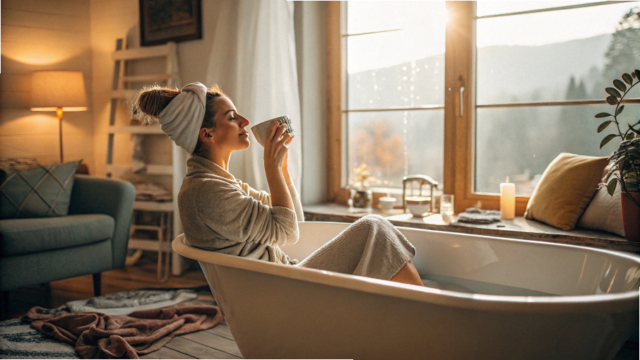 急に寒くなってきた今こそ注意!冷えと血流低下を防ぐ〈整体×吸い玉〉の力 22 白湯やストレッチ、入浴などで温活を行う女性