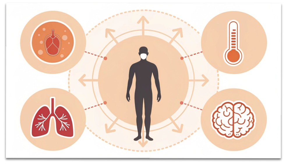 風邪をひきやすい人の特徴を示す図解。肩こり・浅い呼吸・胃腸の弱り・冷え性・ストレスなどをアイコンでまとめたイラスト。
