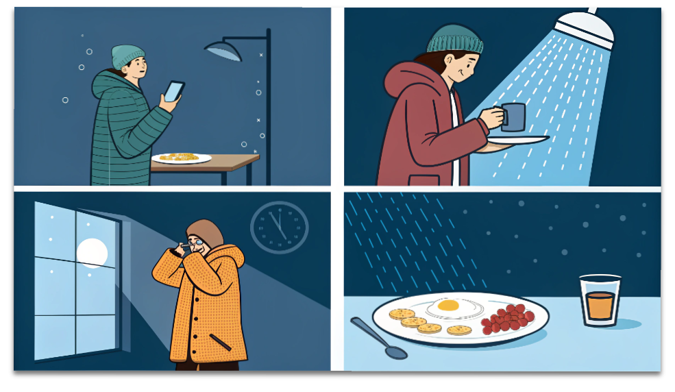 冬に免疫力を下げる悪い習慣をまとめた図解。シャワーのみ、朝食抜き、寝る前スマホ、乾燥などの行動を示すイラスト。