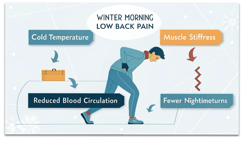 冷えから始まり、筋肉のこわばり・血流低下・寝返り減少を経て朝の腰痛につながる流れを示した図解。