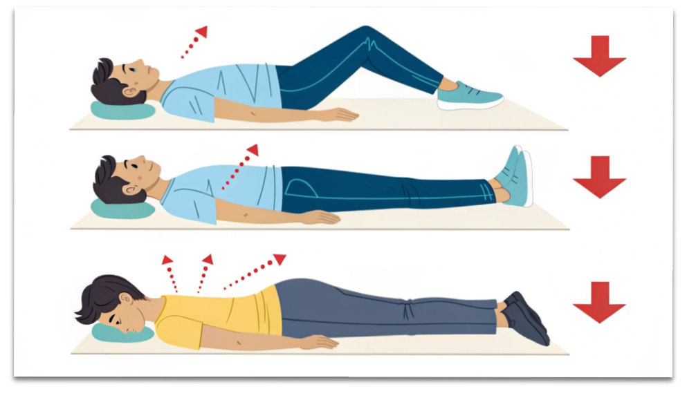 腰痛を悪化させる寝姿勢（うつ伏せ・体のねじれ・反り腰）を示した図。